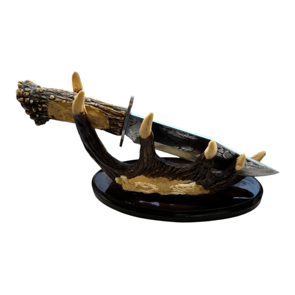 Stainless Steel Blade Knife With Antler Stand Highly Engraved & Decorative